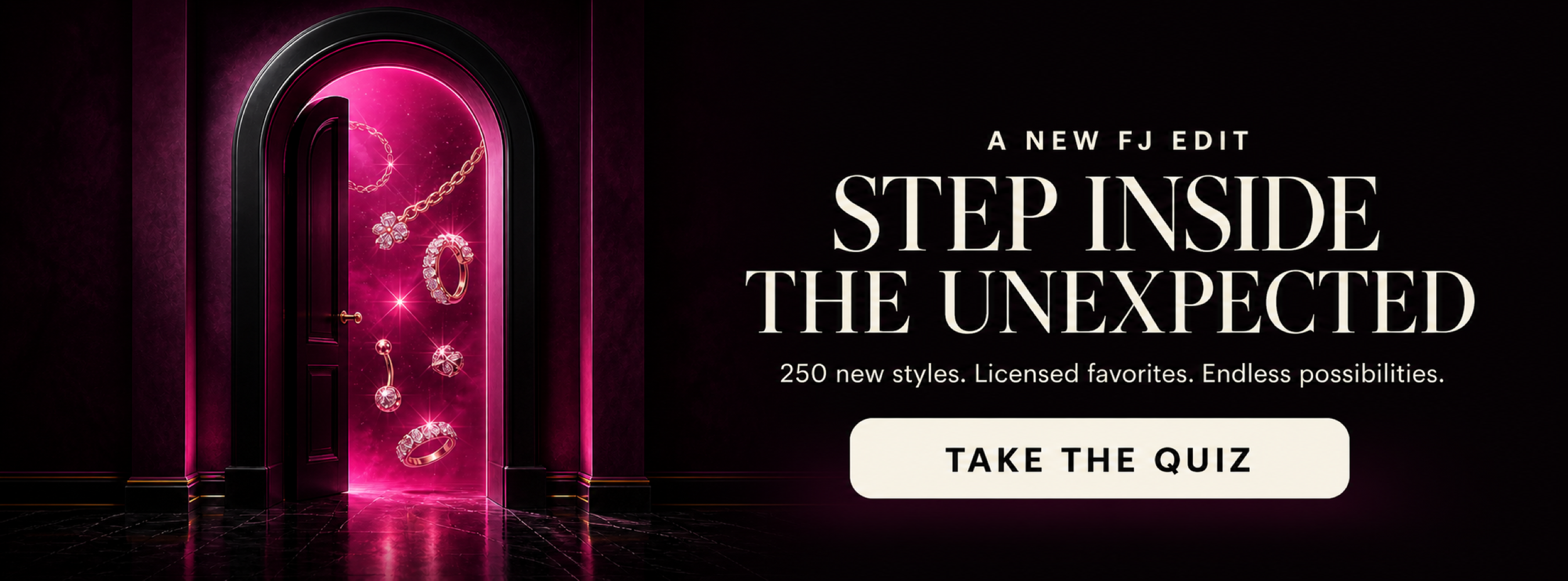 A glowing magenta jewelry portal invites shoppers to take the jewelry edit quiz.