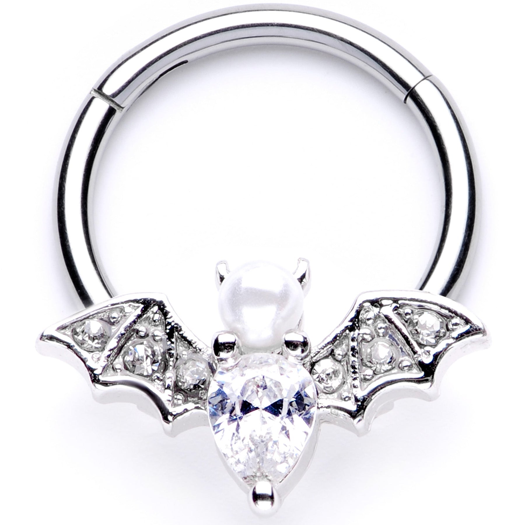 16G 3/8 Clear Gem Vampire Bat Halloween Hinged Segment Ring