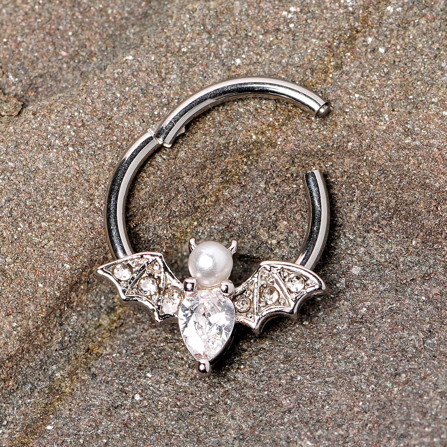 16G 3/8 Clear Gem Vampire Bat Halloween Hinged Segment Ring