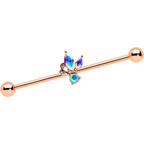 14G Aurora CZ Gem Rosy Tone Fleur de Lis Butterfly Industrial Barbell 38mm