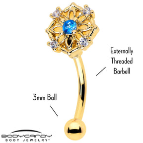 16G 5/16 Blue CZ Gem Gold Tone Flower Ring Curved Eyebrow Ring