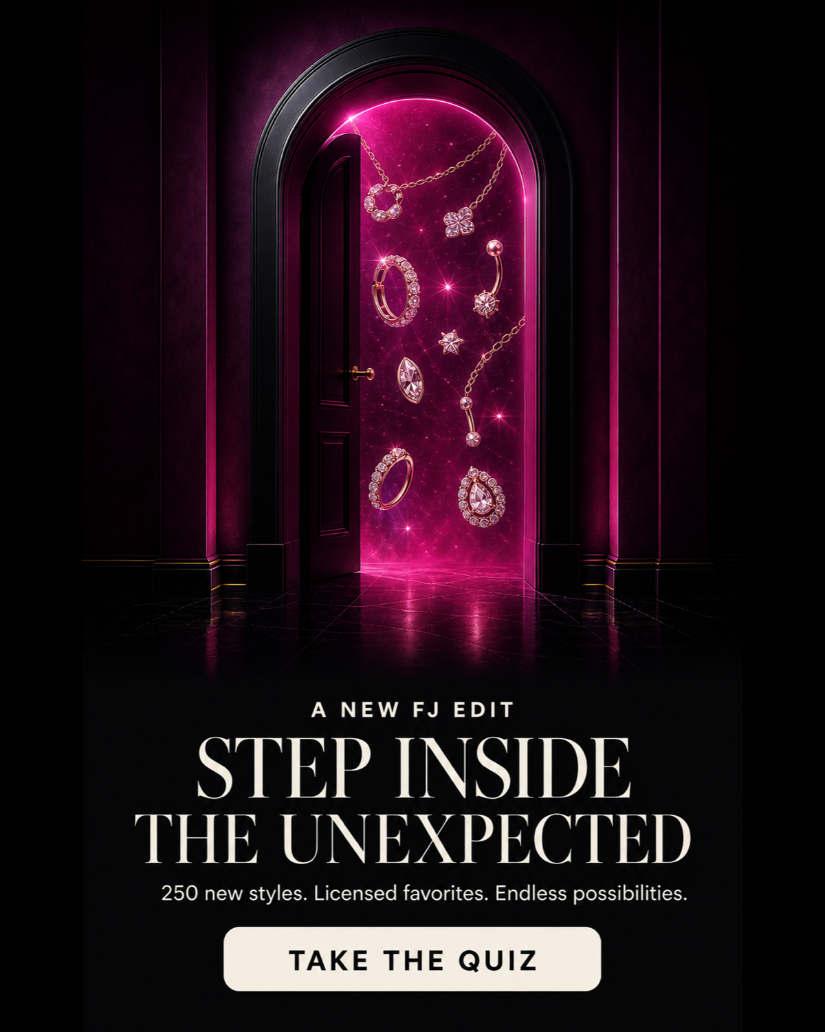 A glowing magenta jewelry portal invites mobile shoppers to take the jewelry edit quiz.
